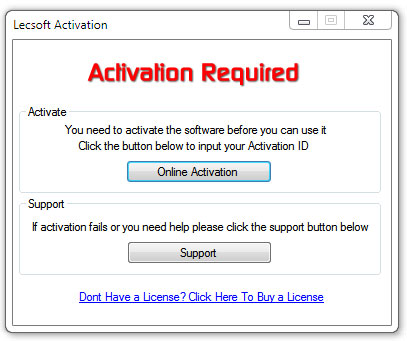 Lecsoft Activation Screen